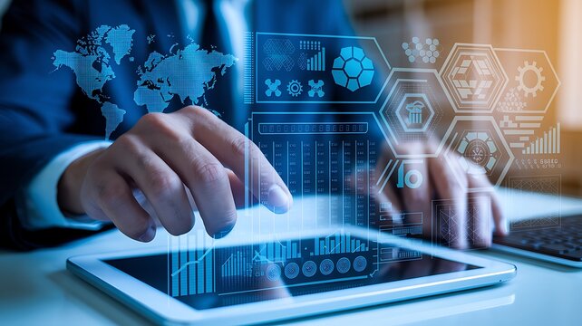 Data science. Man programmer using digital tablet computer analyzing and develop software on futuristic virtual interface screen. Algorithm. digital marketing, big data analysis and management