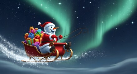 Snowman Santa Claus flying a gift-laden sleigh across a magical winter night sky with vibrant aurora borealis