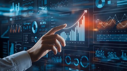 Manager touches growth graph on analytics dashboard. Business data analysis reports with marketing finance management strategy. Digital charts graphs increase business performance, sales statistic