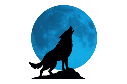 Wolf howling silhouette against a full blue moon at night, powerful wild animal expressing freedom, transparent background - Powered by Adobe