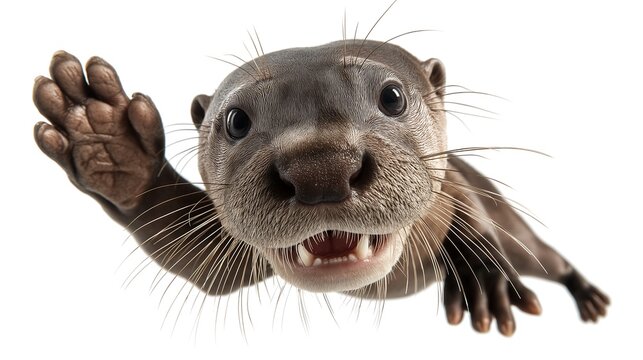 Giant otter, Pteronura brasiliensis smiling and giving a high five isolated on white