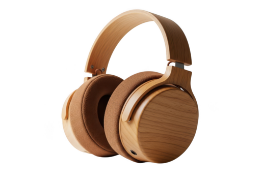 Wooden wireless headphones isolated on transparent background for listening music