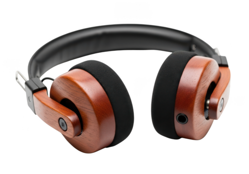 Wooden wireless headphones isolated on transparent background for listening to music - Powered by Adobe