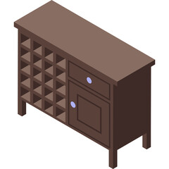 Isometric Wooden Wine Cabinet With Storage Compartments And Drawers In A Warm Brown Hue On A White Background