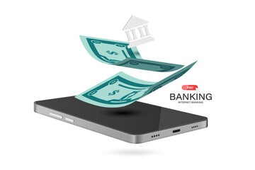 dollar bills and white bank icon floating in mid-air from a smartphone for financial advertising design, paying or receiving money from mobile banking application, vector 3d isolated for design