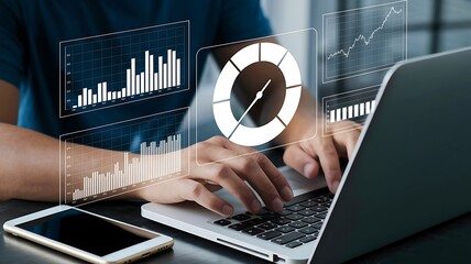 Business analyst working on laptop with holographic dashboard charts and data visualization graphs. Concept of big data, analytics, business intelligence, and financial statistics. crm marketing