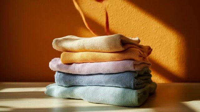 A neatly stacked arrangement of soft, colorful cloths in pastel shades resting on a wooden surface, illuminated by warm sunlight streaming through a window, creating a cozy atmosphere