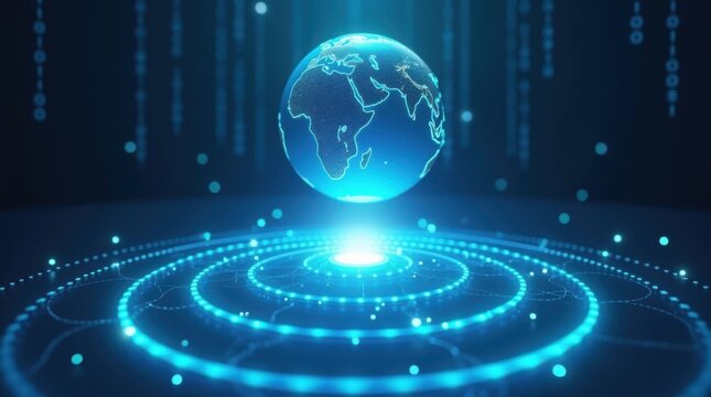 Futuristic holographic earth display with glowing blue energy - Powered by Adobe