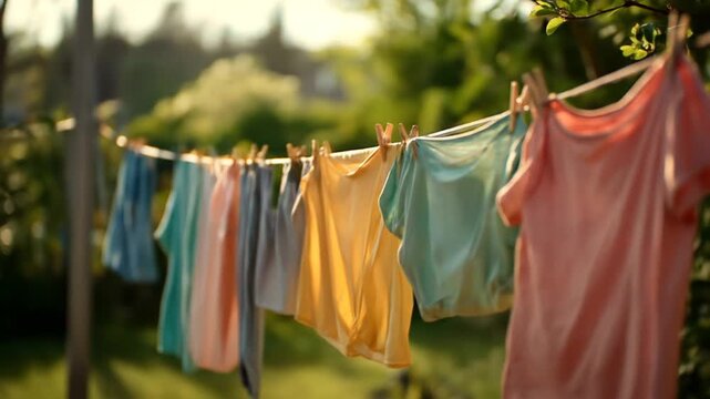 Colorful clothes hanging on a clothesline in a sunlit garden, showcasing vibrant hues against a lush green background, creating a serene and homely atmosphere
