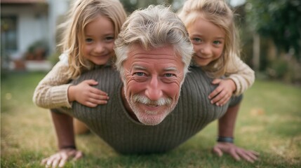 Fototapeta premium Happy grandfather playing with children outdoors