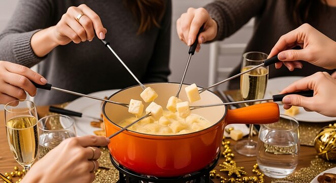Photo of a group of friends enjoying a cheese fondue dinner party, dipping bread into the hot cheese with fondue forks, celebrating a festive occasion with champagne