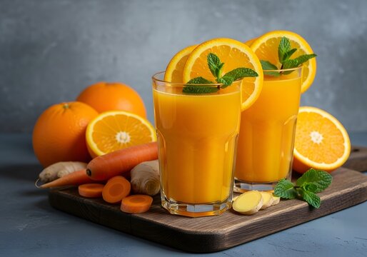 Refreshing orange carrot ginger juice with fresh fruit and mint garnish
