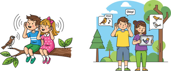 Children listening to birds singing, kids exploring nature, birdwatching education, learning bird sounds, outdoor adventure, forest wildlife observation, fun activity