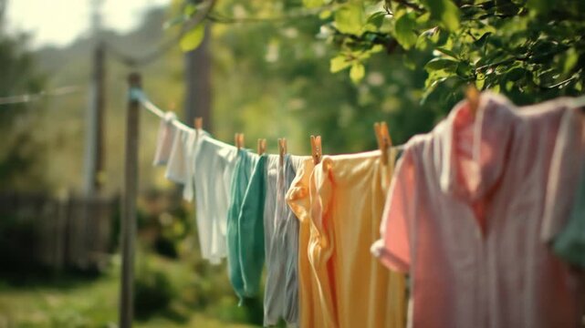 Colorful shirts hanging on a clothesline in a sunlit garden, surrounded by greenery and trees, creating a serene atmosphere of outdoor laundry day