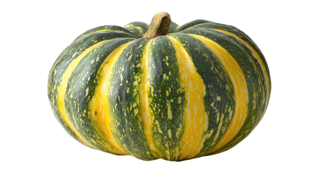 Round, vibrant pumpkin with yellow and green stripes