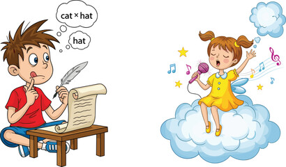 Cute kids creativity concept, little boy writing poem with feather pen, girl singing on cloud, imagination, learning, art, music inspiration scene