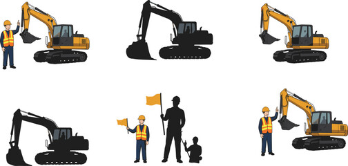 Construction workers with excavator machine at work site, heavy equipment operation, safety teamwork, industrial engineering and building development illustration