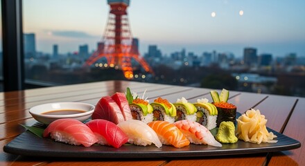 Various fresh sushi with salmon and rice is a healthy Japanese seafood an outdoor restaurant with blurred Tokyo Tower in the background