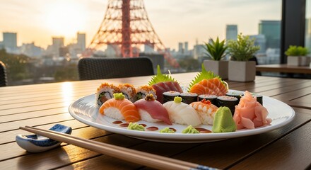 Various fresh sushi with salmon and rice is a healthy Japanese seafood an outdoor restaurant with blurred Tokyo Tower in the background
