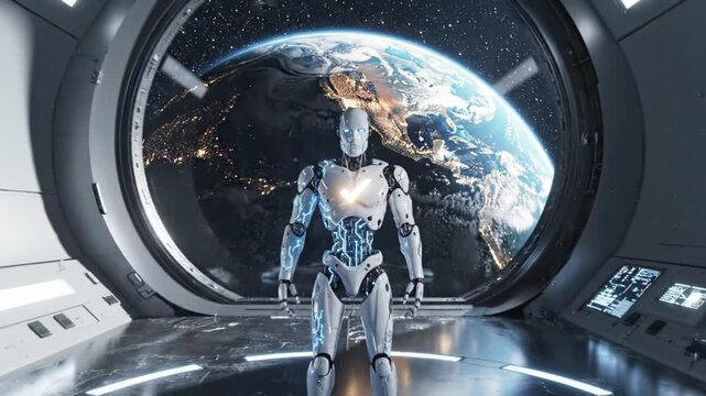 A futuristic robotic figure with glowing accents stands before planet Earth in space