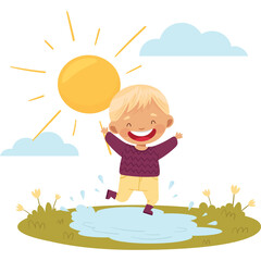 Joyful Blond Haired Child Wearing Purple Sweater Yellow Pants and Boots Splashing in Puddle on Sunny Day with Clouds and Yellow Flowers