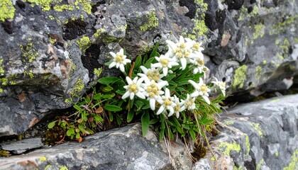 Edelweiss Flowers Growing in Mountain Rock Habitat Alpine Wilderness Environment Close Up