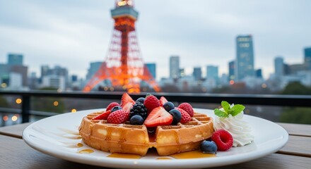 A fresh and delicious waffle with red berries and cream makes a tempting sweet dessert at an outdoor restaurant with blurred Tokyo Tower in the background