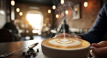 Steaming Latte Art in Cozy Cafe Setting.