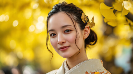 A young Japanese woman in a kimono, adorned with gingko leaves, smiles gently amidst the vibrant yellow foliage of the Jingu Gaien Ginkgo Festival in Japan, celebrating autumn's beauty