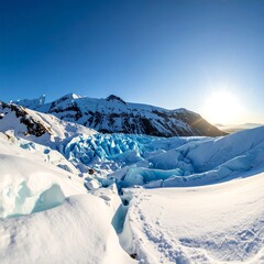 Panoramic view of glacier and snow-covered mountains under blue sky