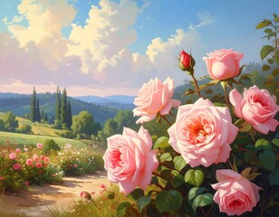 Pastel painting of pink roses, Tuscan landscape, and fluffy clouds