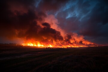 A massive blaze raging in an open field, with flames and smoke filling the air, symbolizing destruction and naturea??s power.
