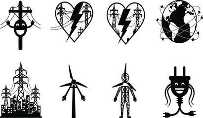 Cartoon-style electricity icons with anthropomorphic power elements, black vector illustration for energy infrastructure, renewable sources, and global connectivity concept