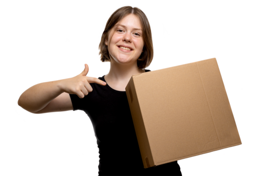 Happy young woman holding a large cardboard box with one hand and smiling on transparent background. - Powered by Adobe