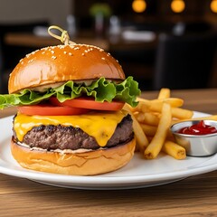 Delicious Cheeseburger with Fries - A Classic American Meal.