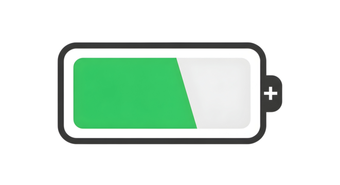 Modern battery icon showing half charge, perfect for websites and app designs about energy, power, technology, or sustainability in a digital world