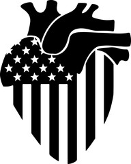 Patriotic anatomical heart design combined with the USA flag elements.