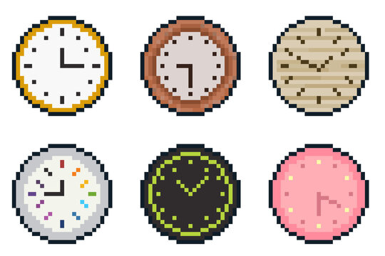 8-bit pixel art various types of circle wall clock