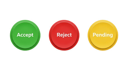 Set of three different buttons — accept, reject, and pending isolated on white background, modern UI elements for web and app design representing approval process, decision making, and digital workflo