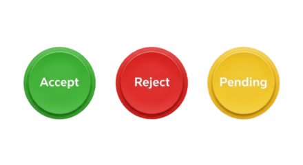 Set of three different buttons — accept, reject, and pending isolated on white background, modern UI elements for web and app design representing approval process, decision making, and digital workflo