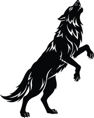 Standing wolf silhouette roaring in wild nature, tribal animal design, forest predator artwork, powerful wildlife pose, CAD drawing flat vector illustration.