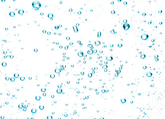 Blue water bubbles rising in clear liquid on white background, symbolizing freshness, purity, and clean design. Perfect abstract concept for spa, health, hydration, beverage, nature-inspired visuals.