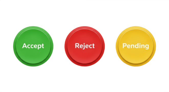 Set of three different buttons — accept, reject, and pending isolated on white background, modern UI elements for web and app design representing approval process, decision making, and digital workflo