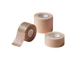 Three beige adhesive tapes, rolled, in various positions