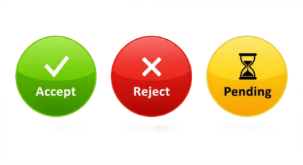 Set of three different buttons — accept, reject, and pending isolated on white background, modern UI elements for web and app design representing approval process, decision making, and digital workflo