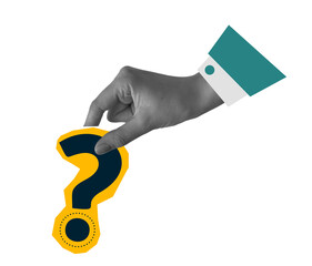 Trendy halftone collage of business concept. hand holding a question mark symbol