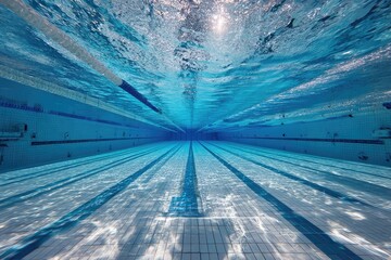 Underwater view of an indoor swimming pool, showing lanes, sunlight, and ripples