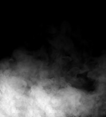 White and gray smoke cloud floating on a dark black background, creating a soft misty texture. Perfect abstract fog or vapor element for background, mystery design, or cinematic atmosphere projects.