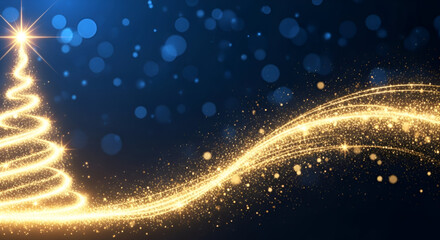 Abstract Christmas Tree Formed by a Spiral of Golden Light Trail Merging into a Sparkling Wave of Particles on a Dark Blue Background with Defocused Bokeh Lights and Copy Space