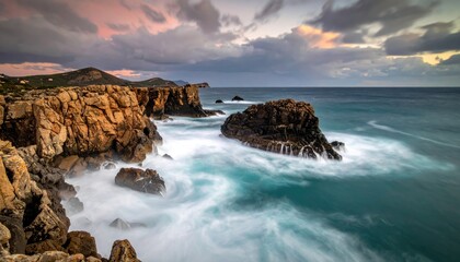 Obraz premium Dramatic ocean waves crash against rugged rocky cliffs under a colorful twilight sky with distant hills and clouds at sunset